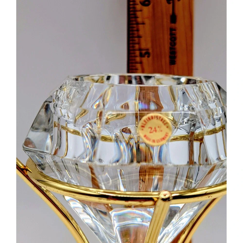 Bleikristall 24% Lead Crystal Diamond Candle Holder Germany Gold Tone Stand